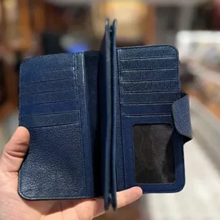 کیف پولی چرم جا موبایل‌دار گاوی سرمه‌ای